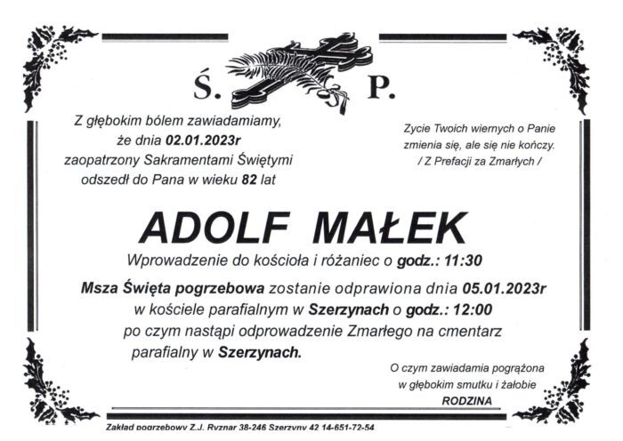 Miniaturka artykułu Uroczystości pogrzebowe Śp. Adolfa Małka odbędą się 5.01.2023 r.