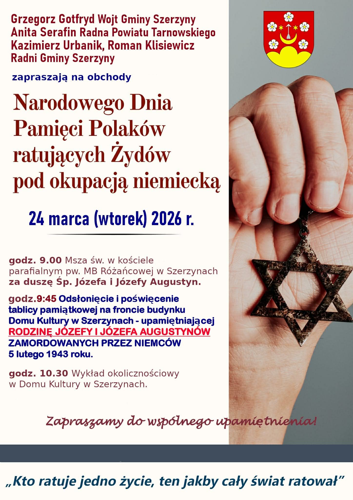 Miniaturka artykułu Zaproszenie na uroczystość odsłonięcia i poświęcenia tablicy upamiętniającej męczeństwo Śp. Józefy i Józefa Augustynów z Szerzyn